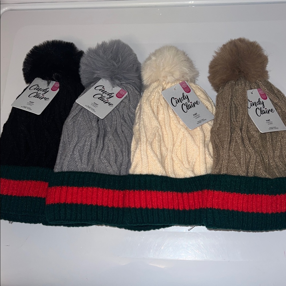 NWT 4pc multicolor Knitted Faux Fur Lined red & green stripe beanie with Pom Pom